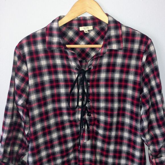 Kori America Medium Plaid Tunic Dress-Collared-Pockets-Lace Up Bodice-Roll Tab - Picture 2 of 8